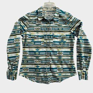 RANK 45 Button Up Shirt Womens Medium Teal Western Aztec Southwestern Geometric